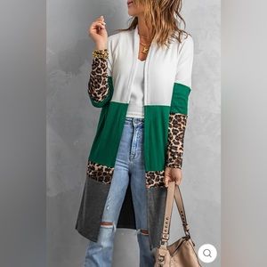 LEOPARD COLOR BLOCK OPEN FRONT LONGLINE CARDIGAN